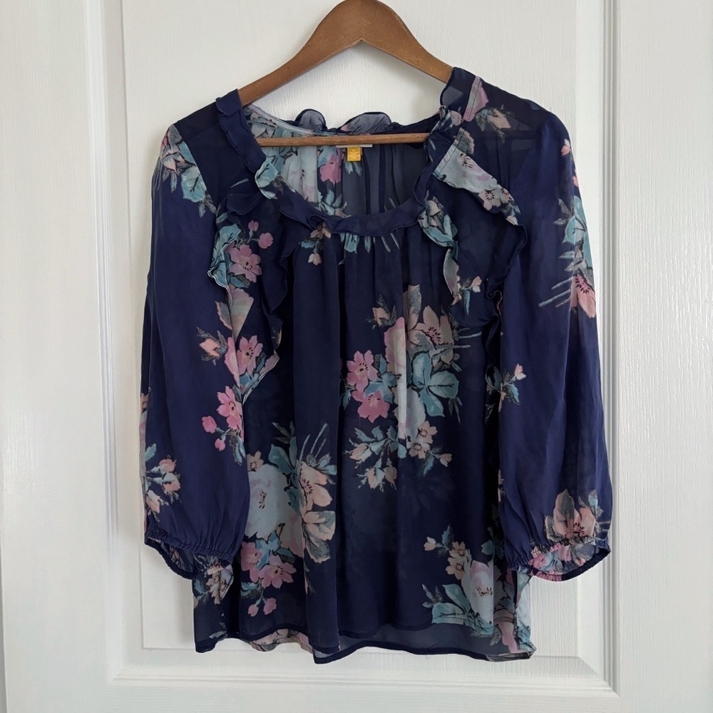 Leifsdottir Cotati Blue Silk Floral Blouse Sz 12 Anthropologie